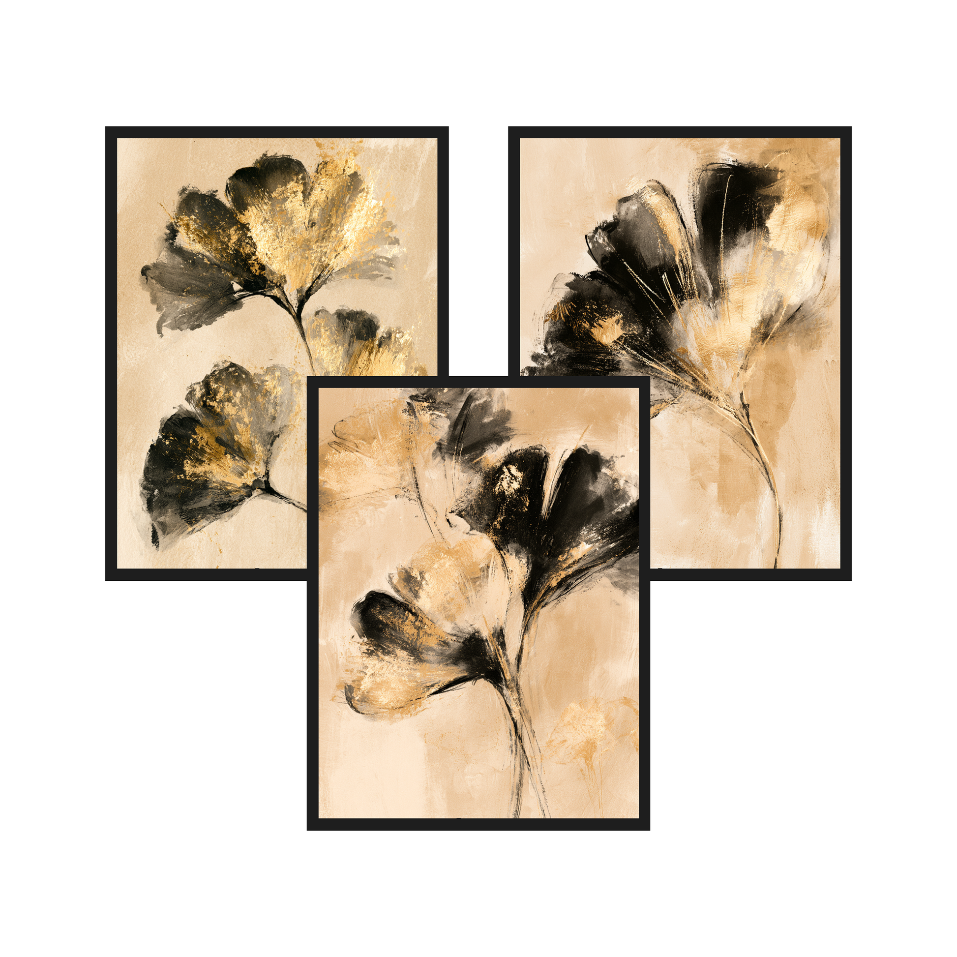 Golden Ginkgo set of 3 art prints in black frames