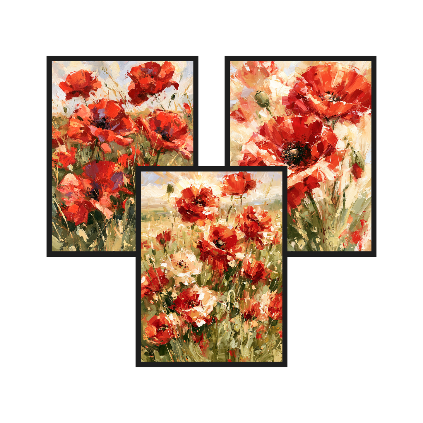 Wild Poppies set of 3 art prints in black frames – plakat na ścianę