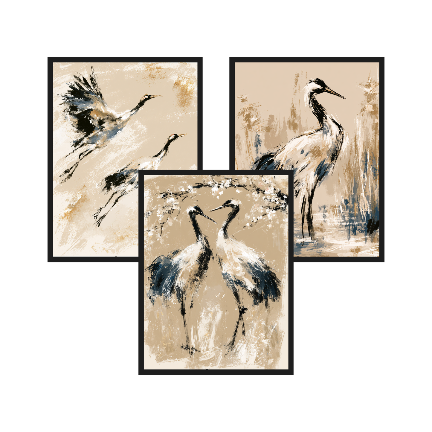 Japanese Cranes set of 3 art prints in black frames – plakat na ścianę