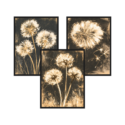 Golden Dandelions set of 3 art prints in black frames