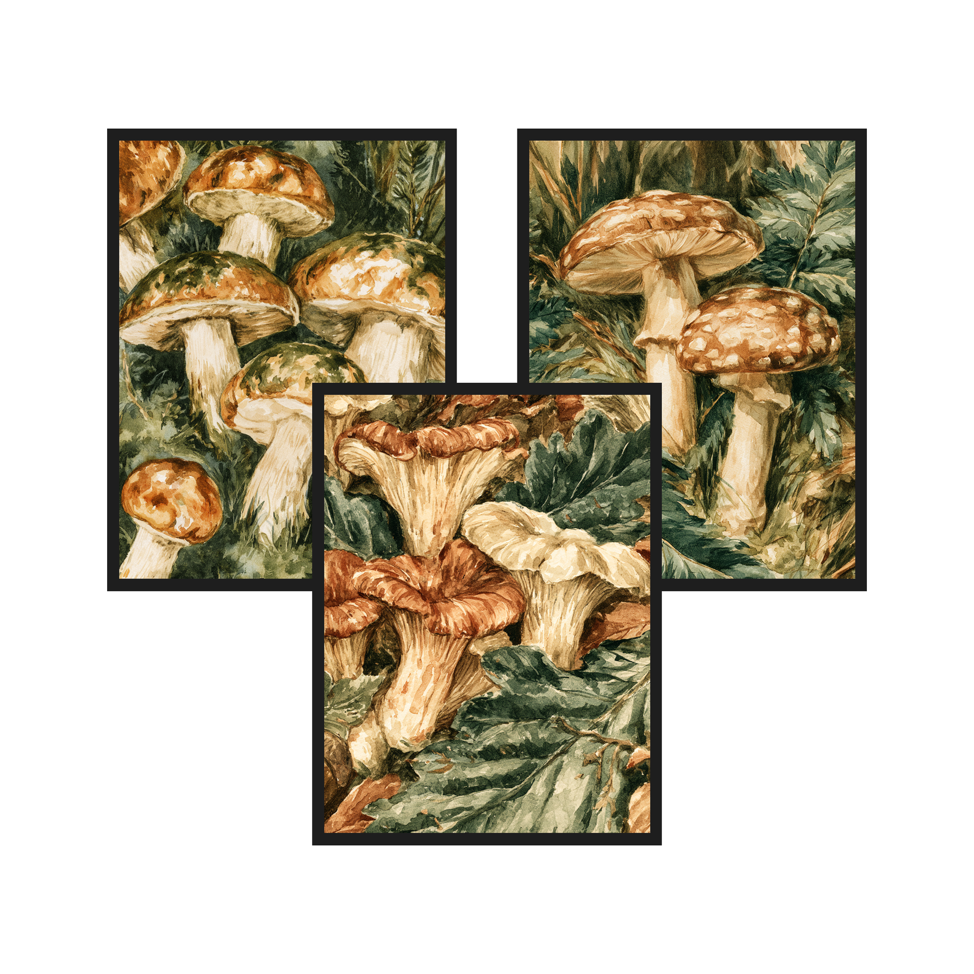 Forest Mushrooms set of 3 art prints in black frames