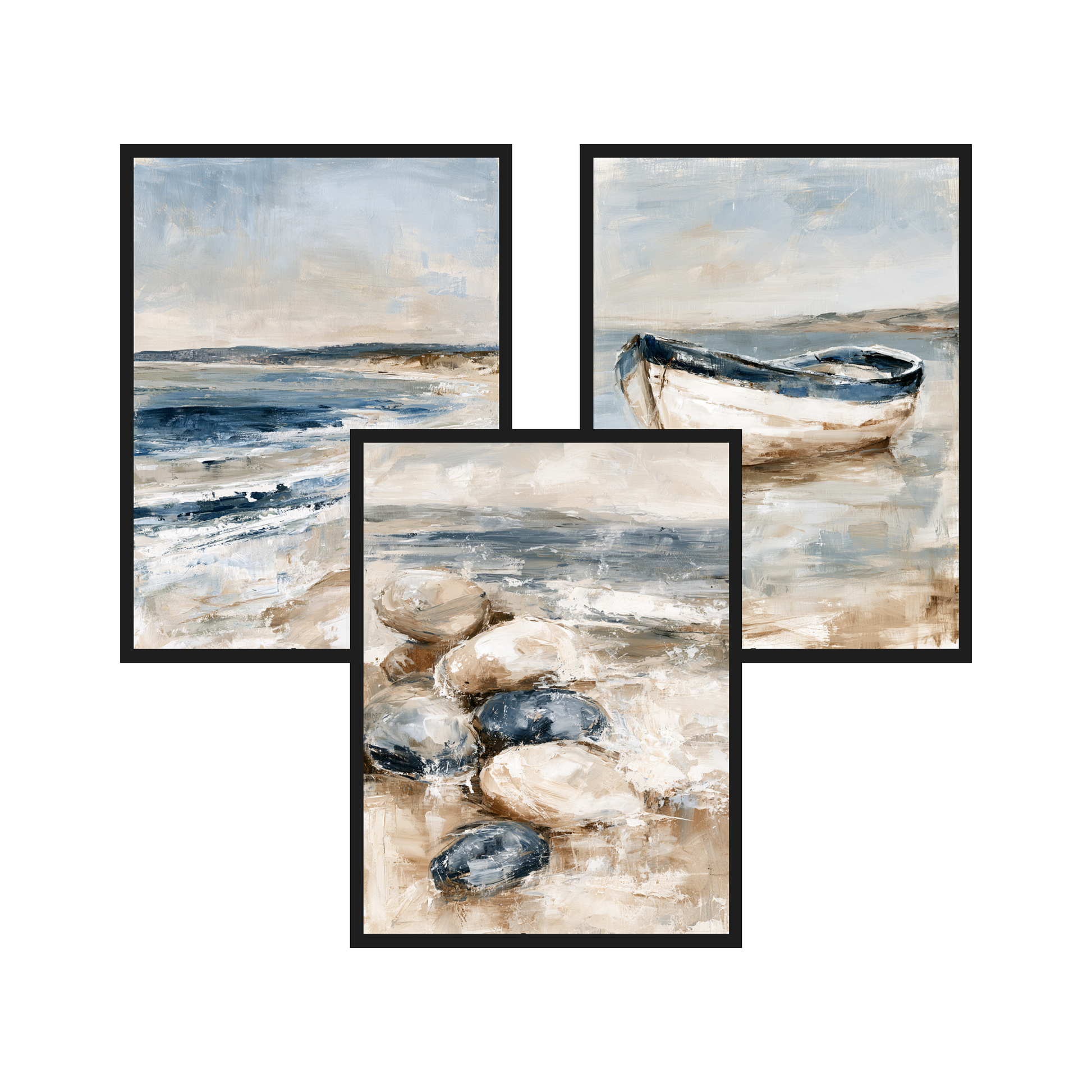 Quiet Bay set of 3 art prints in black frames