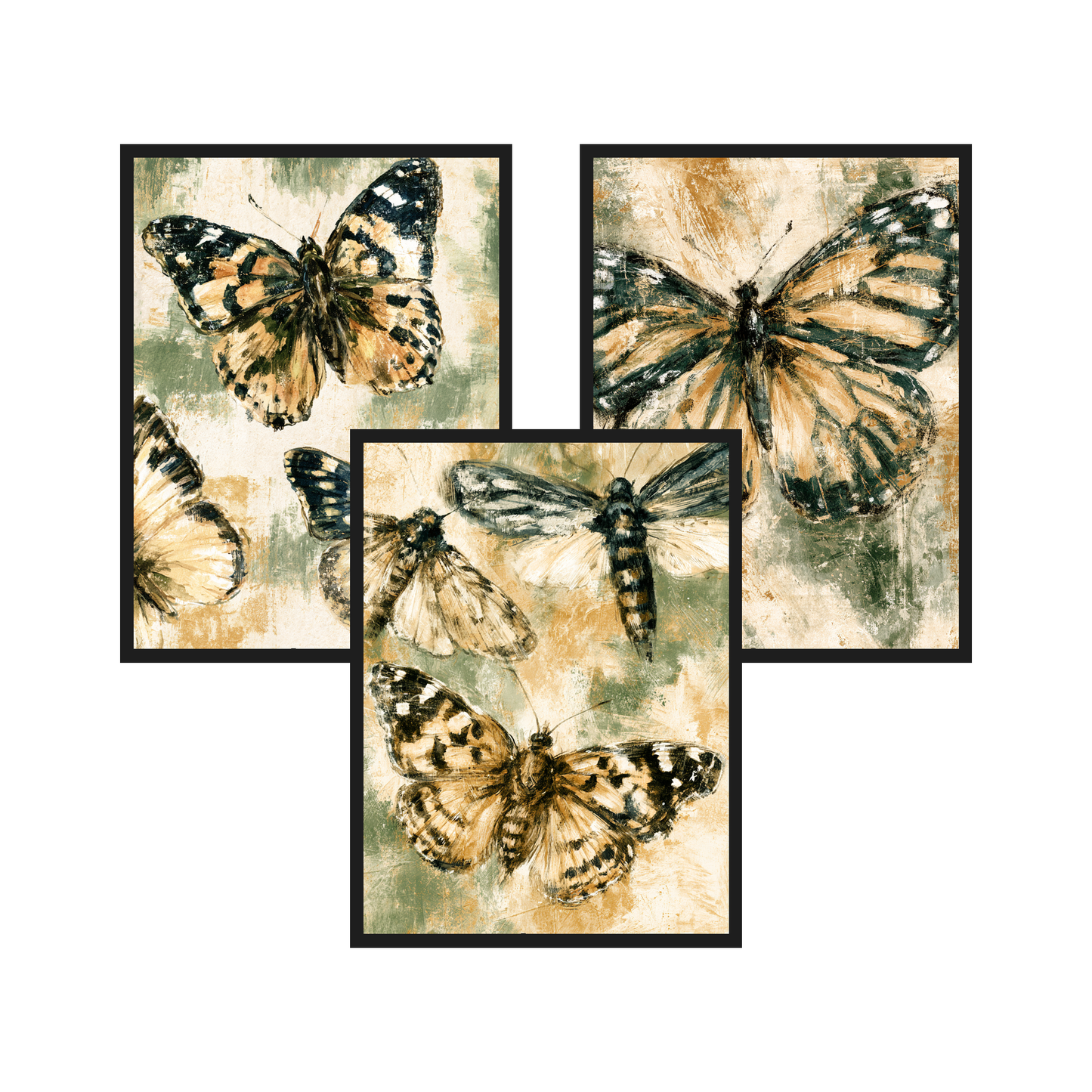 Vintage Butterflies set of 3 art prints in black frames – plakat na ścianę