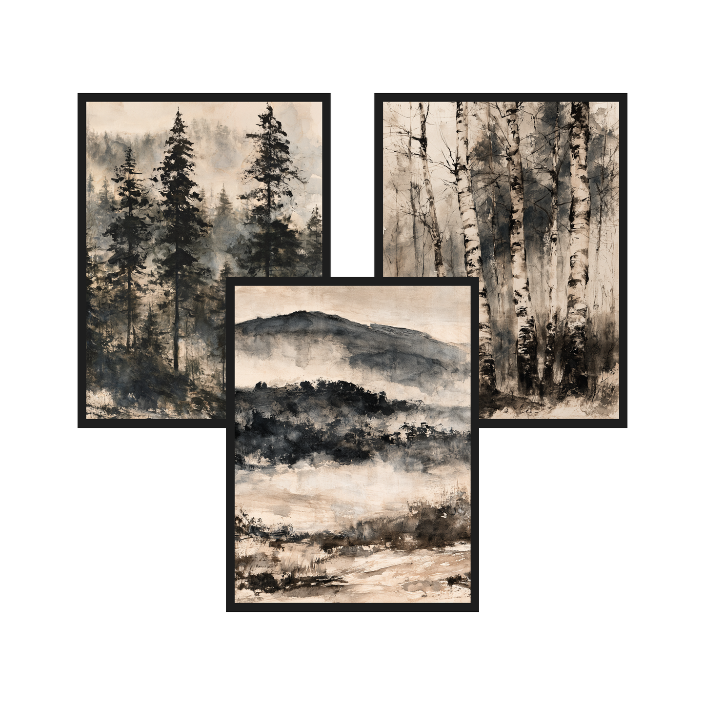Misty Forest Ink set of 3 art prints in black frames – plakat na ścianę