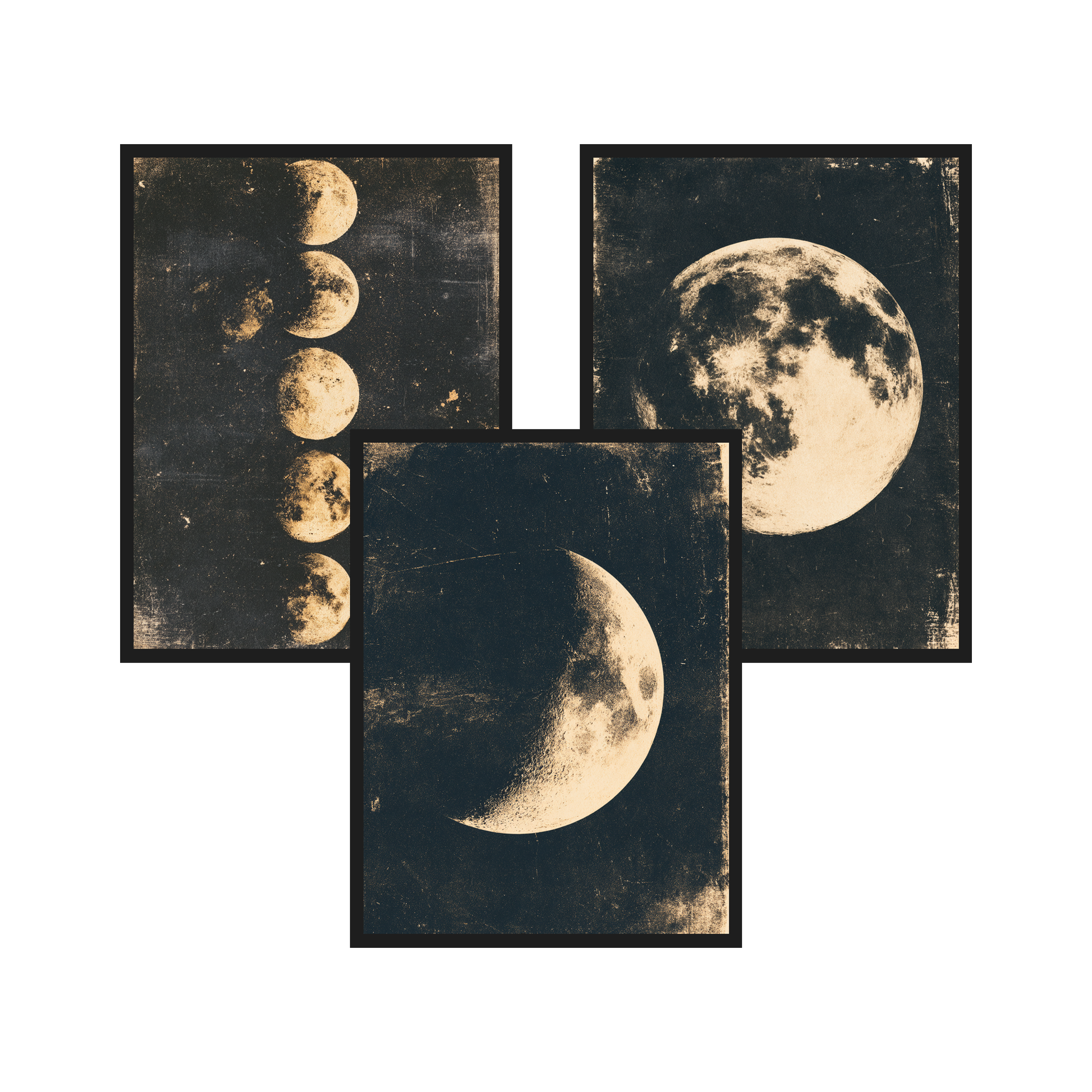 Moon Phases set of 3 art prints in black frames
