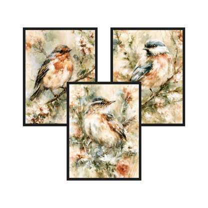 Garden Birds set of 3 art prints in black frames
