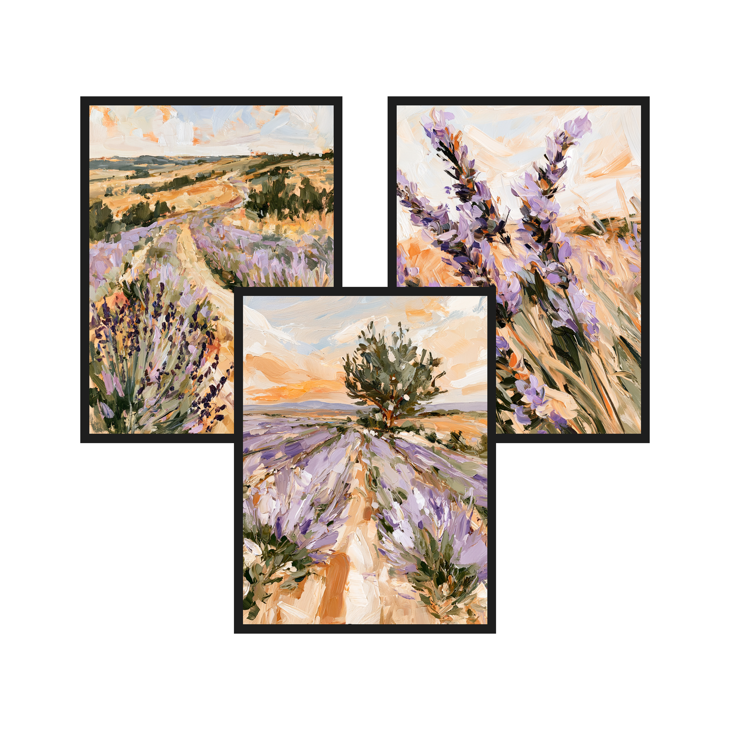 Lavender Fields set of 3 art prints in black frames – plakat na ścianę