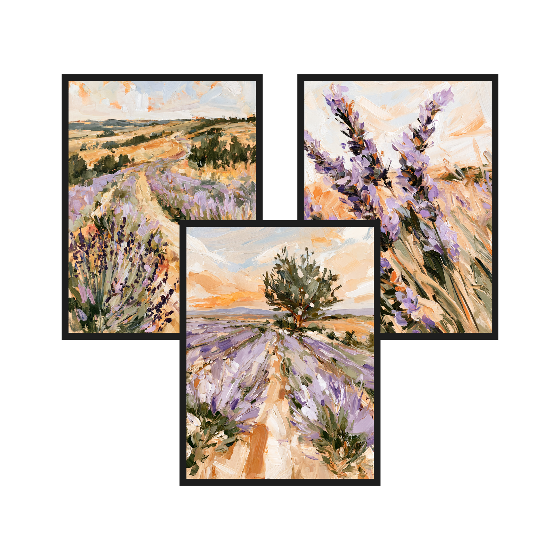 Lavender Fields set of 3 art prints in black frames