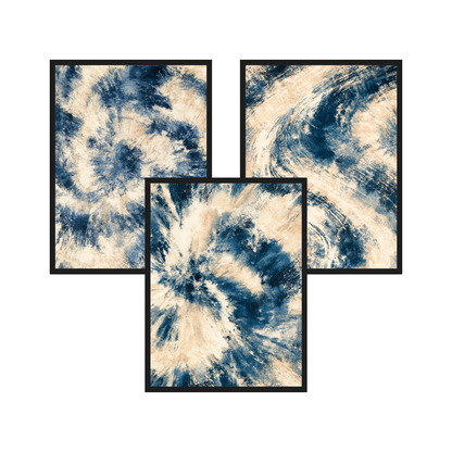 Indigo Batik set of 3 art prints in black frames
