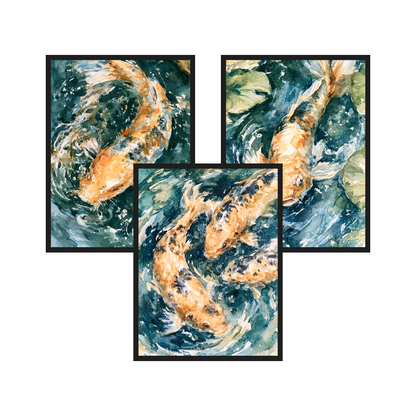 Koi Pond set of 3 art prints in black frames