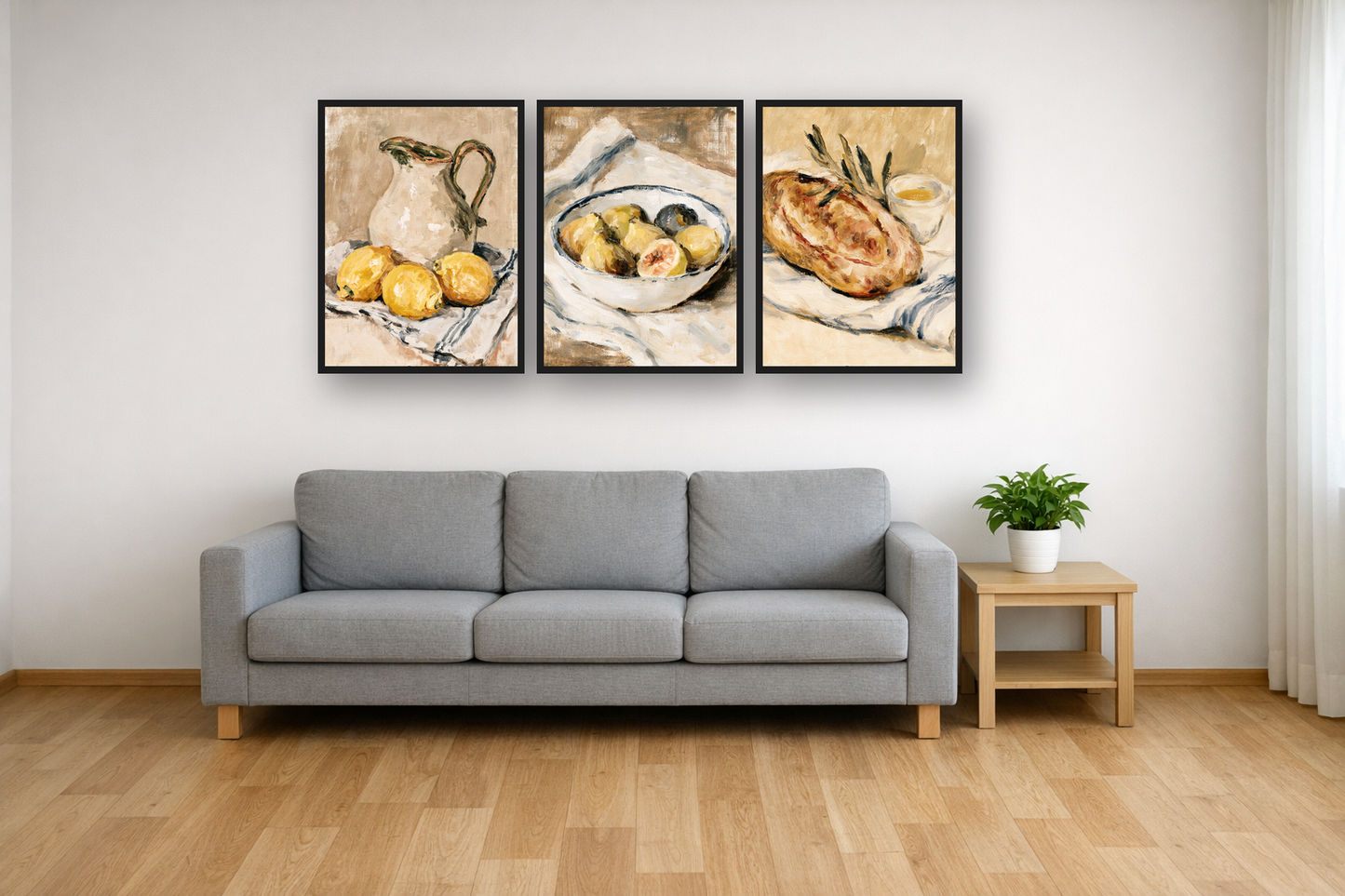 Linen Still Life framed poster set above a sofa in a living room – plakat na ścianę