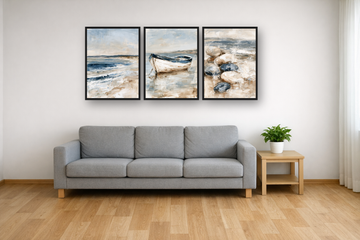 Quiet Bay framed poster set above a sofa in a living room – plakat na ścianę