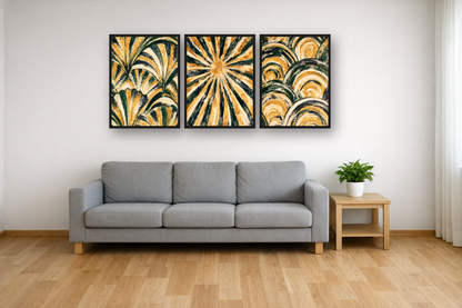 Art Deco Waves framed poster set above a sofa in a living room