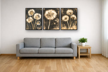 Golden Dandelions framed poster set above a sofa in a living room – plakat na ścianę