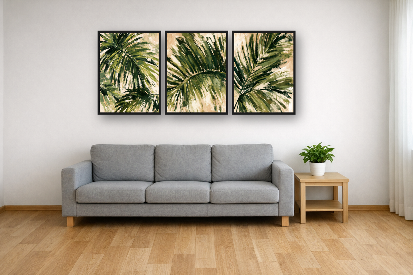 Palm Leaf framed poster set above a sofa in a living room – plakat na ścianę