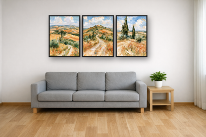 Tuscan Cypress framed poster set above a sofa in a living room