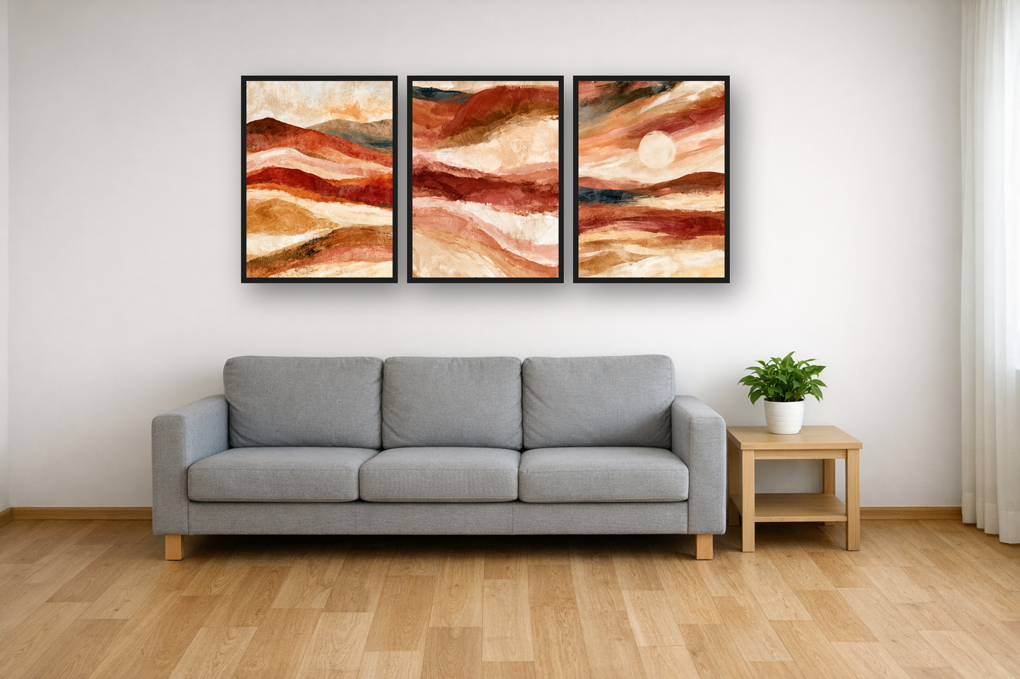 Desert Hills framed poster set above a sofa in a living room – plakat na ścianę