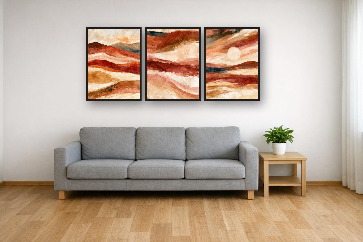 Desert Hills framed poster set above a sofa in a living room