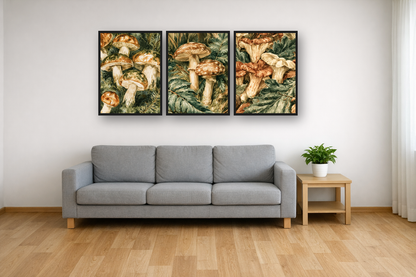 Forest Mushrooms framed poster set above a sofa in a living room