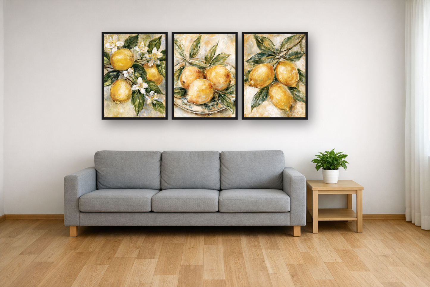 Lemon Branch framed poster set above a sofa in a living room – plakat na ścianę