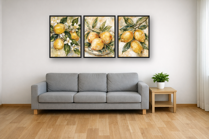 Lemon Branch framed poster set above a sofa in a living room