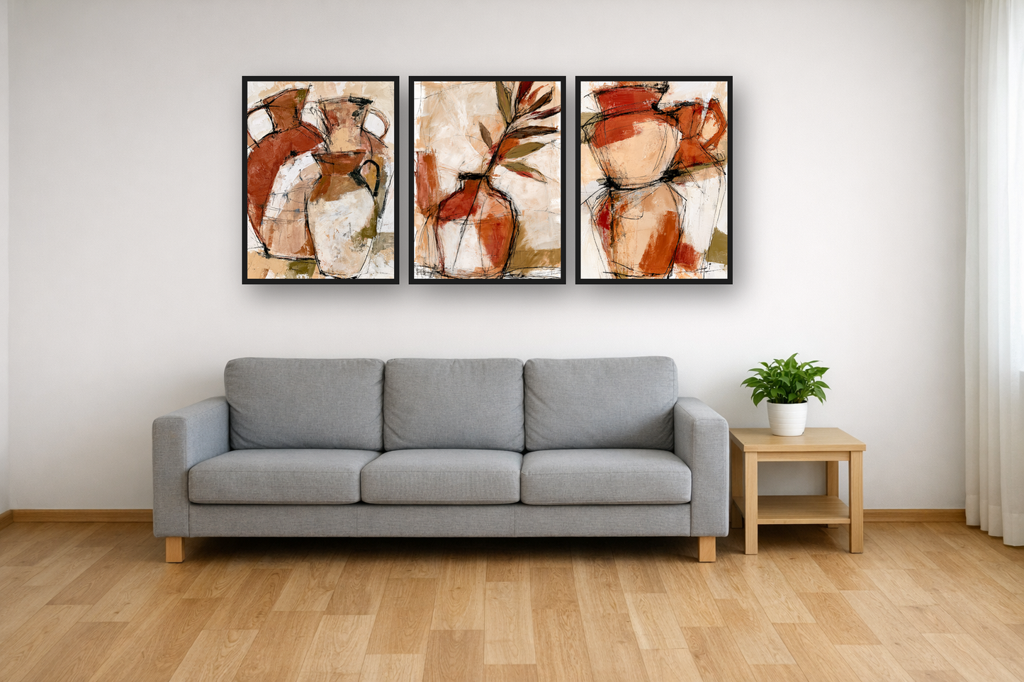 Terracotta Vessels framed poster set above a sofa in a living room – plakat na ścianę