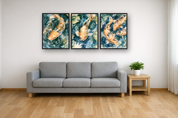 Koi Pond framed poster set above a sofa in a living room – plakat na ścianę