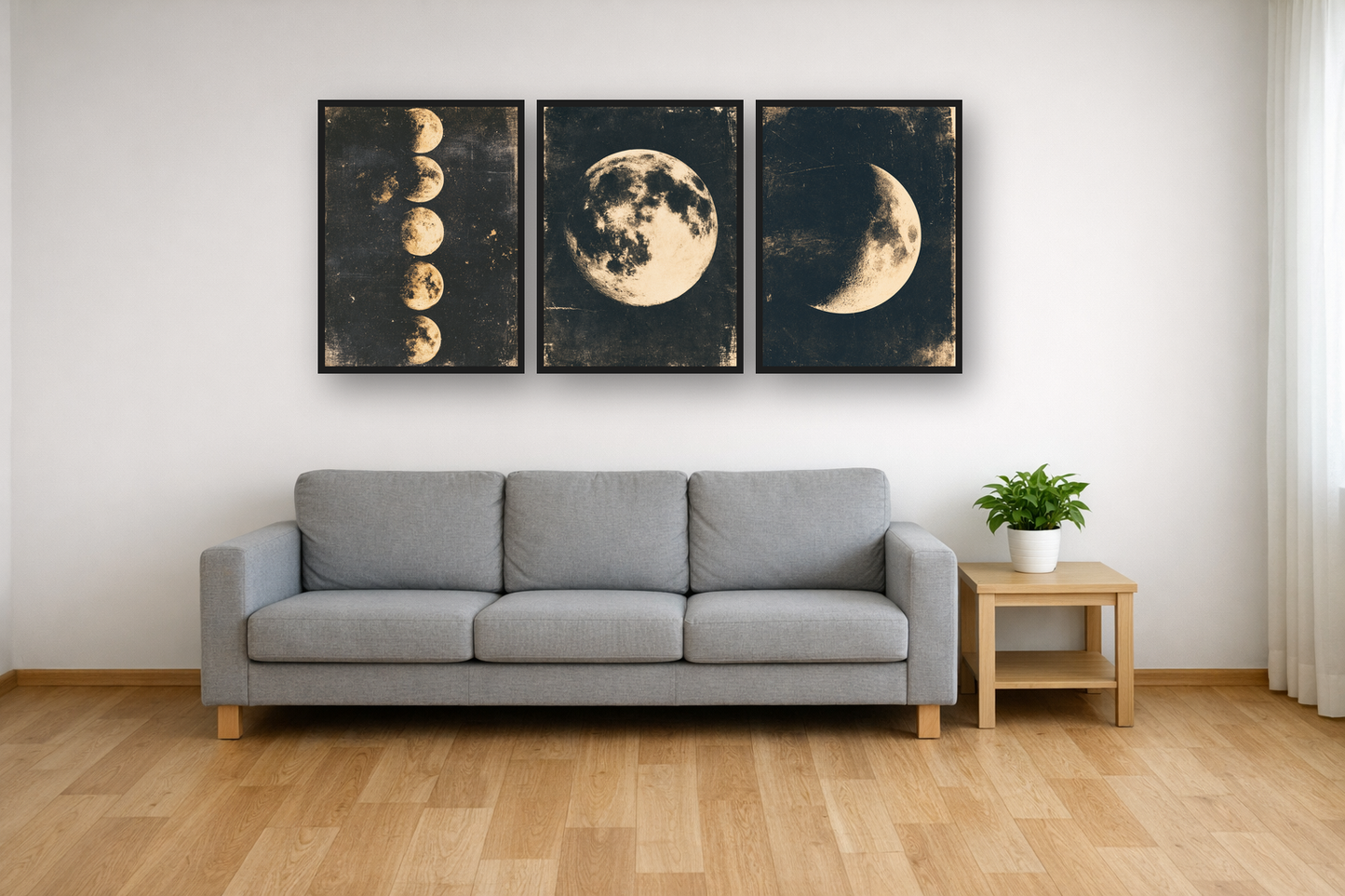 Moon Phases framed poster set above a sofa in a living room – plakat na ścianę