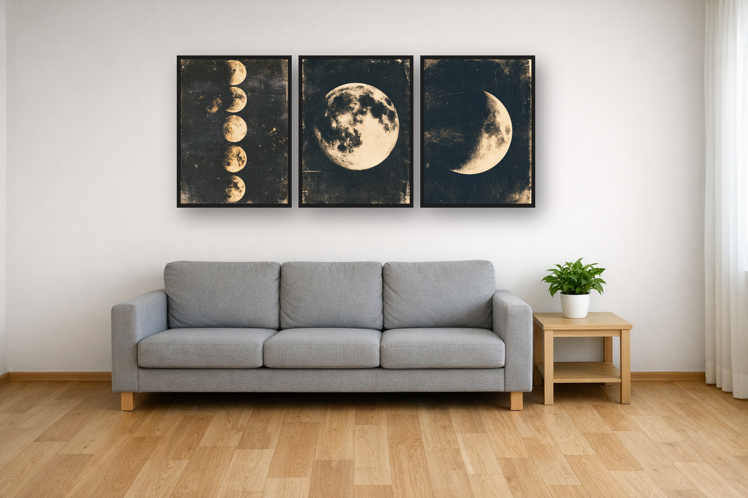 Moon Phases framed poster set above a sofa in a living room