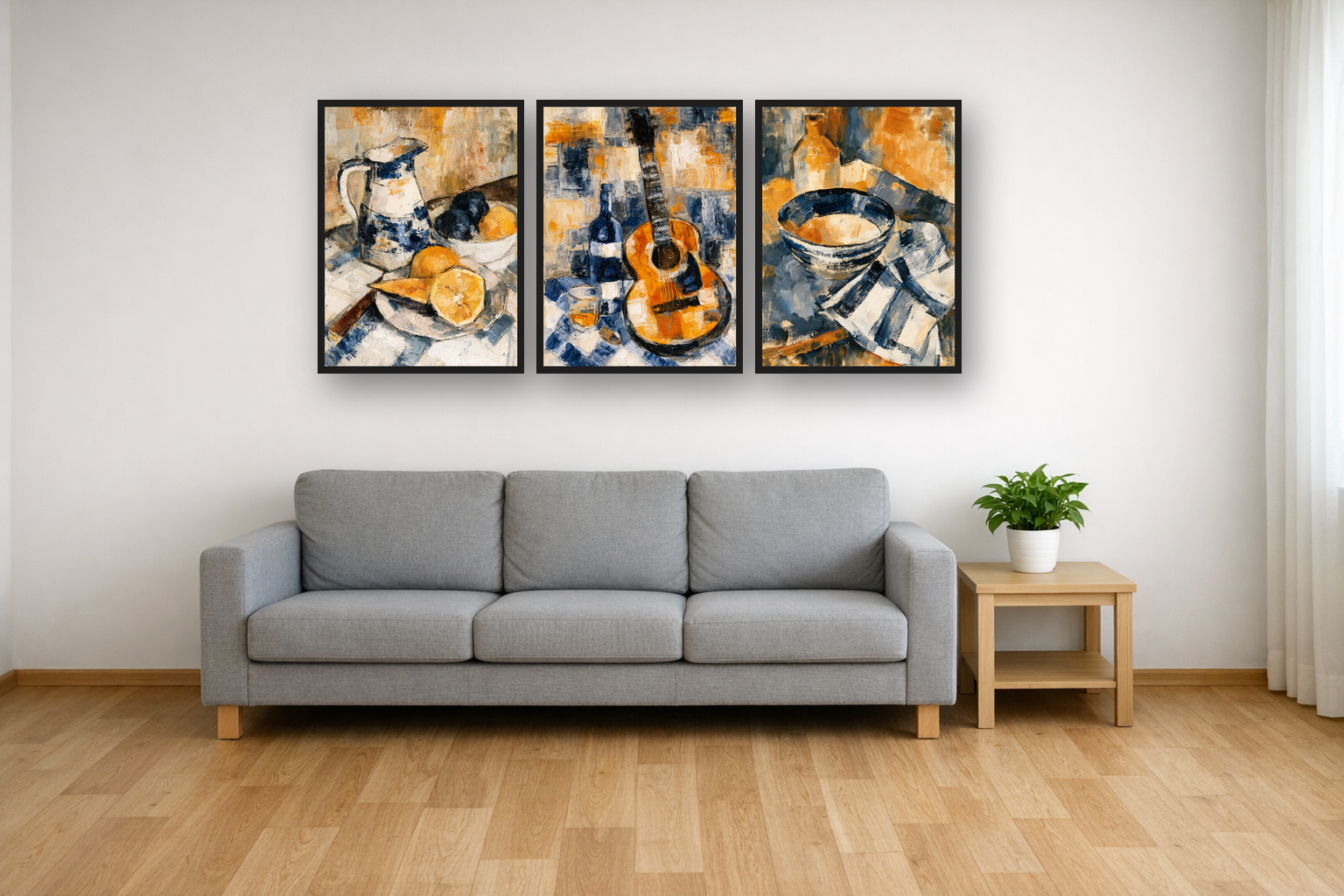 Cubist Still Life framed poster set above a sofa in a living room