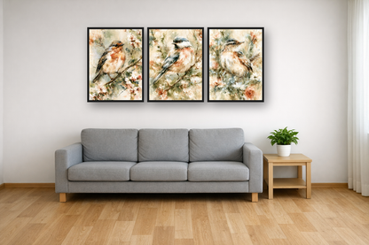 Garden Birds framed poster set above a sofa in a living room