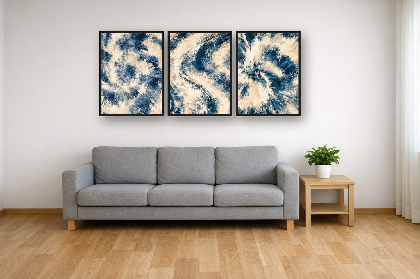 Indigo Batik framed poster set above a sofa in a living room – plakat na ścianę