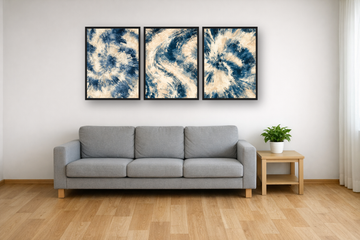 Indigo Batik framed poster set above a sofa in a living room – plakat na ścianę