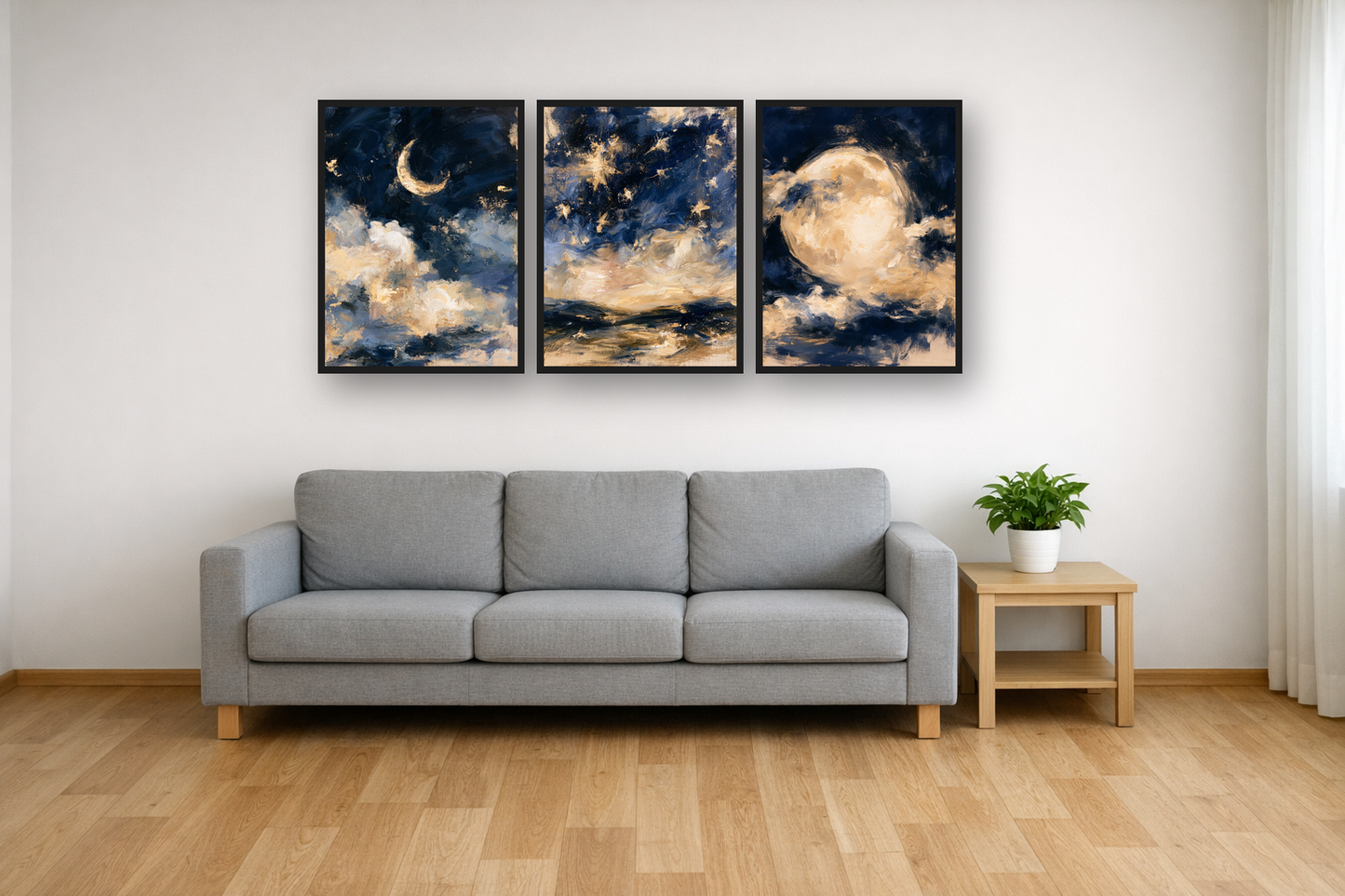 Night Sky framed poster set above a sofa in a living room – plakat na ścianę