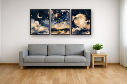 Night Sky framed poster set above a sofa in a living room