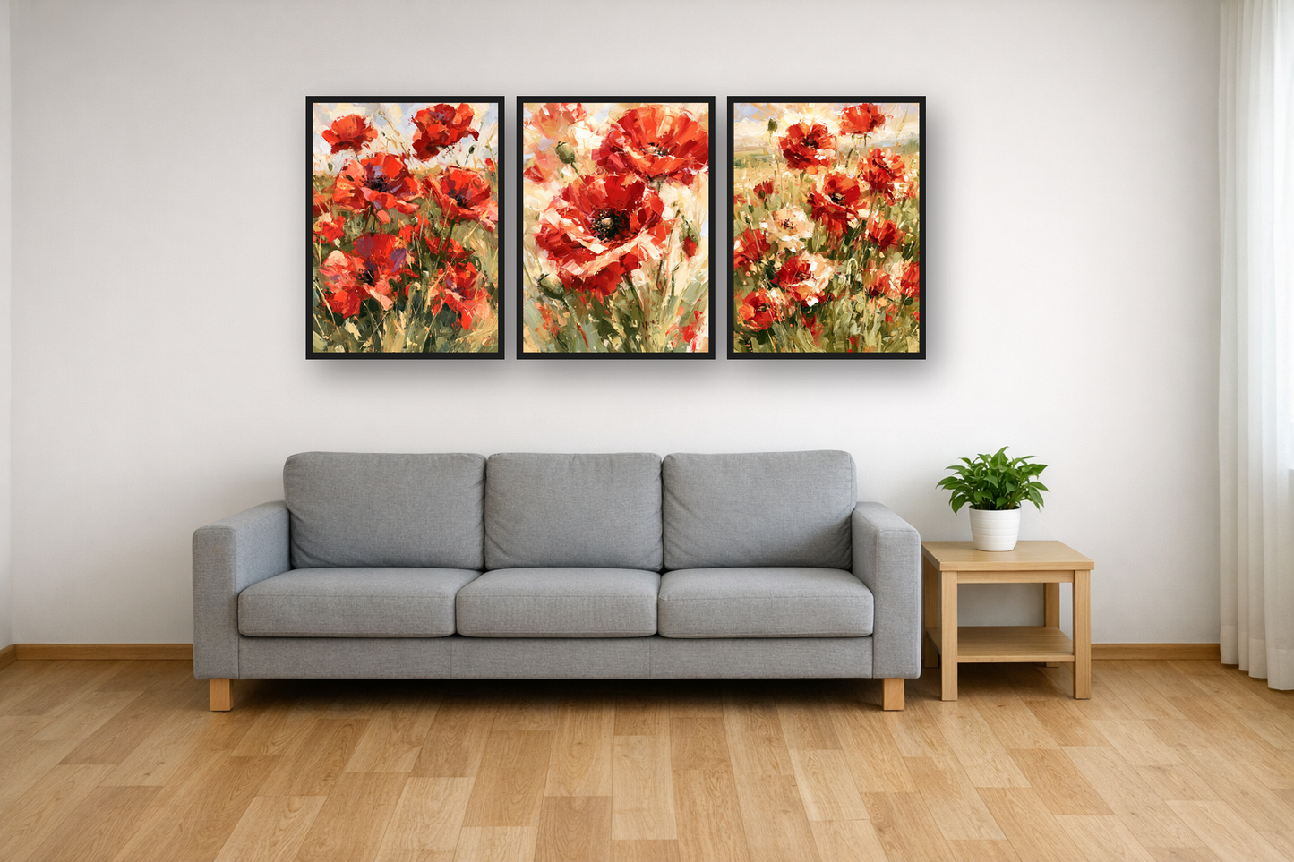 Wild Poppies framed poster set above a sofa in a living room – plakat na ścianę
