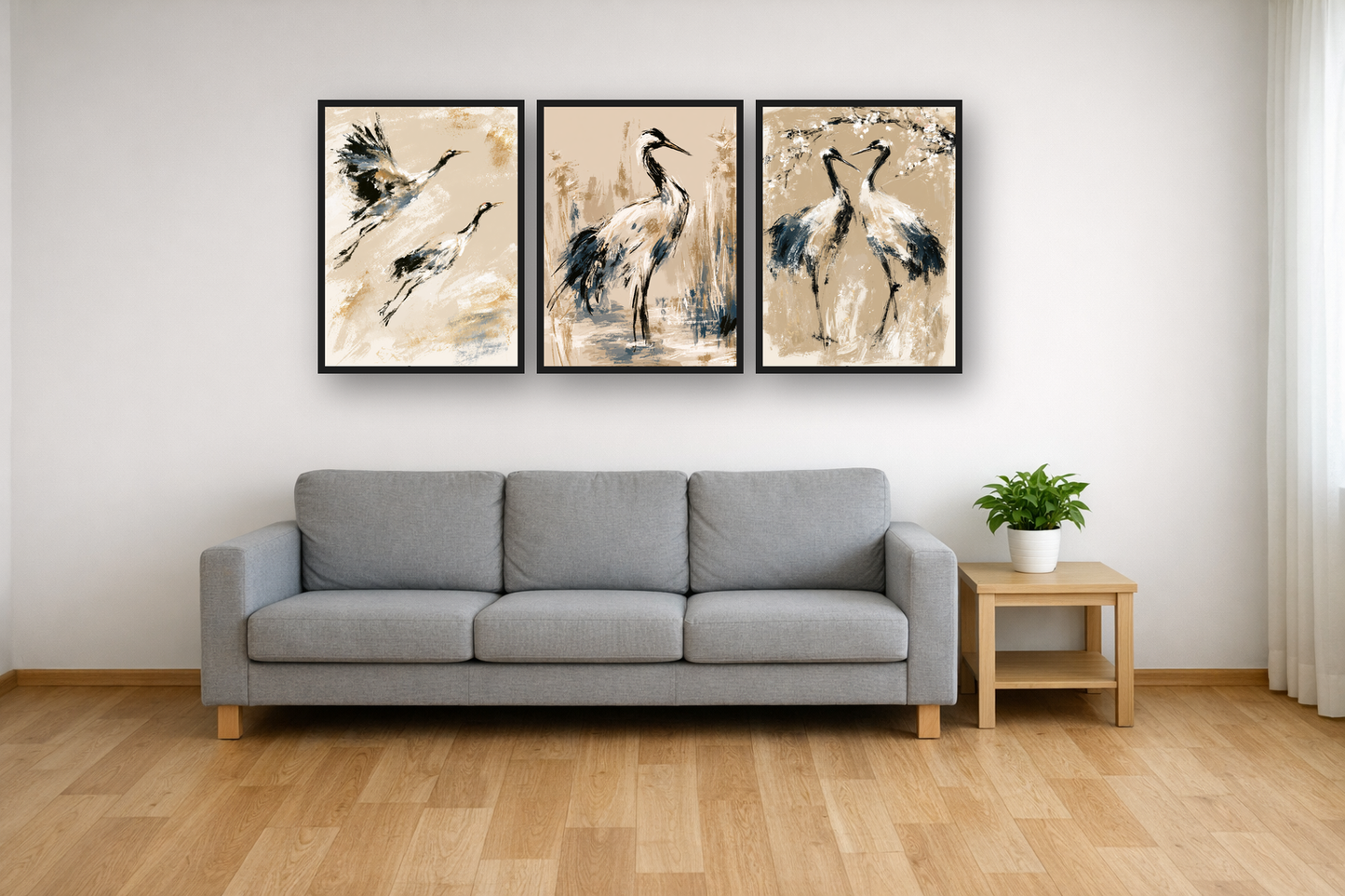 Japanese Cranes framed poster set above a sofa in a living room – plakat na ścianę