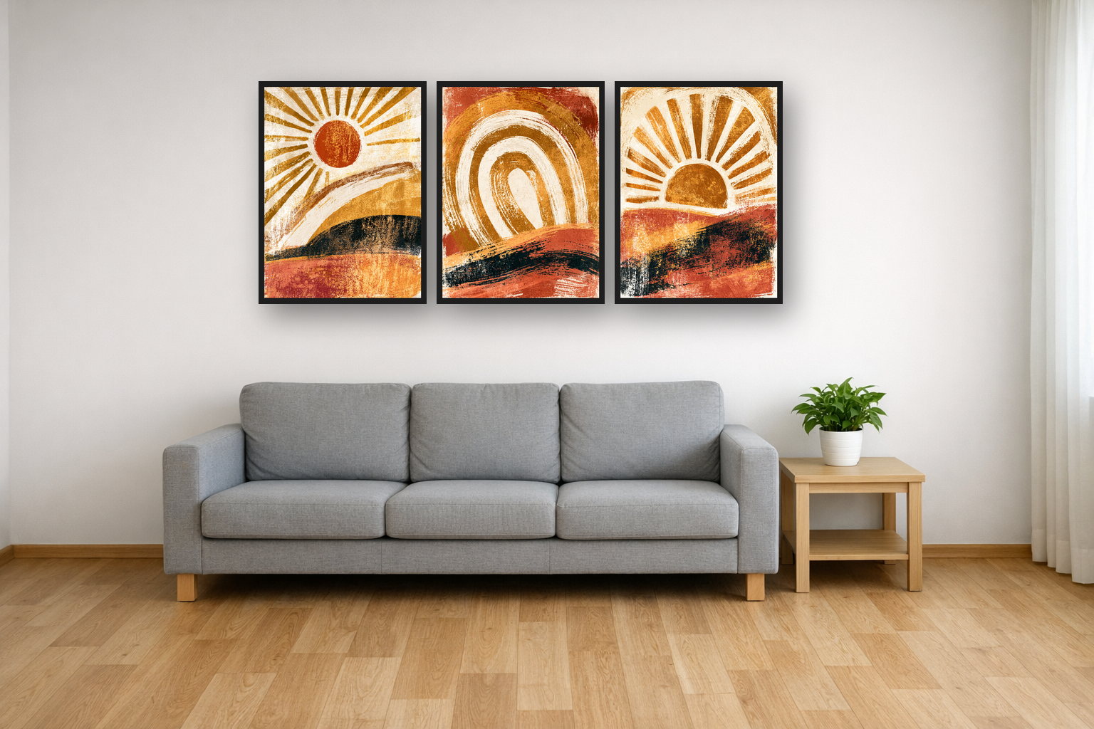 Golden Arches framed poster set above a sofa in a living room