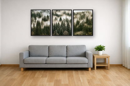 Nordic Forest framed poster set above a sofa in a living room
