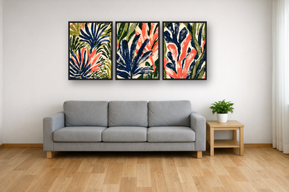 Organic Cut-Outs framed poster set above a sofa in a living room