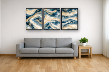 Ink Marble framed poster set above a sofa in a living room