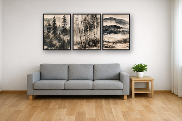 Misty Forest Ink framed poster set above a sofa in a living room – plakat na ścianę