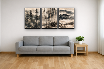 Misty Forest Ink framed poster set above a sofa in a living room
