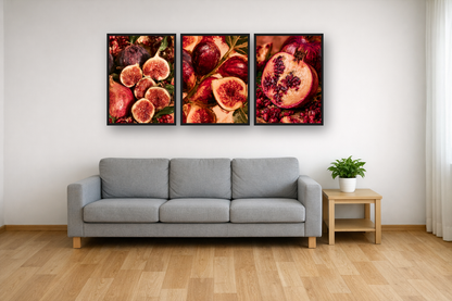 Figs and Pomegranates framed poster set above a sofa in a living room
