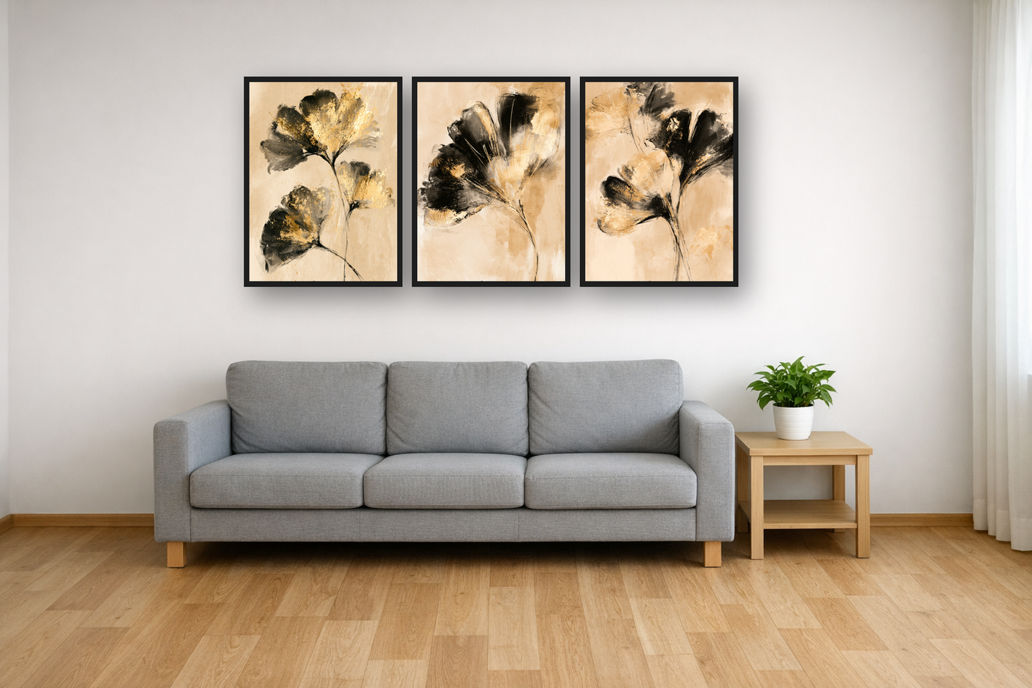 Golden Ginkgo framed poster set above a sofa in a living room – plakat na ścianę