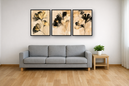 Golden Ginkgo framed poster set above a sofa in a living room