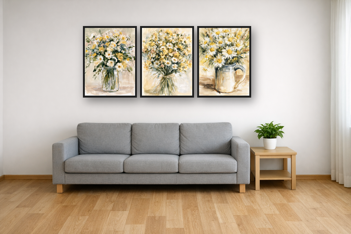 Wildflower Bouquets framed poster set above a sofa in a living room – plakat na ścianę