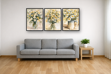 Wildflower Bouquets framed poster set above a sofa in a living room – plakat na ścianę