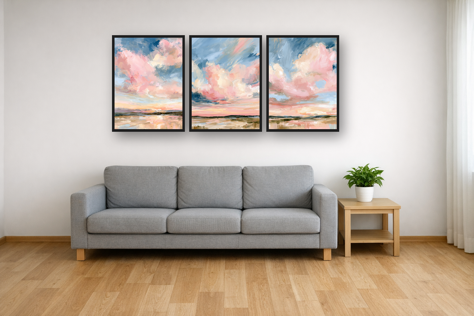 Powder Clouds framed poster set above a sofa in a living room