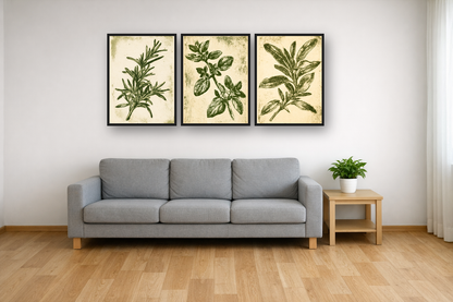Herb Etchings framed poster set above a sofa in a living room